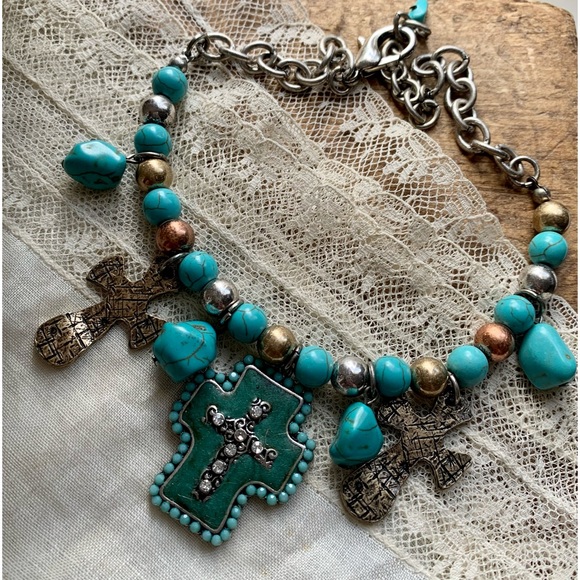 Turquoise Blue Green Cross Rhinestones Boot Chain Jewelry Southwestern Country - Picture 4 of 8